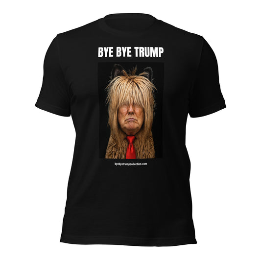 Trump mal coiffé — T-shirt unisexe — vue de face, grand visuel et titre BYE BYE TRUMP