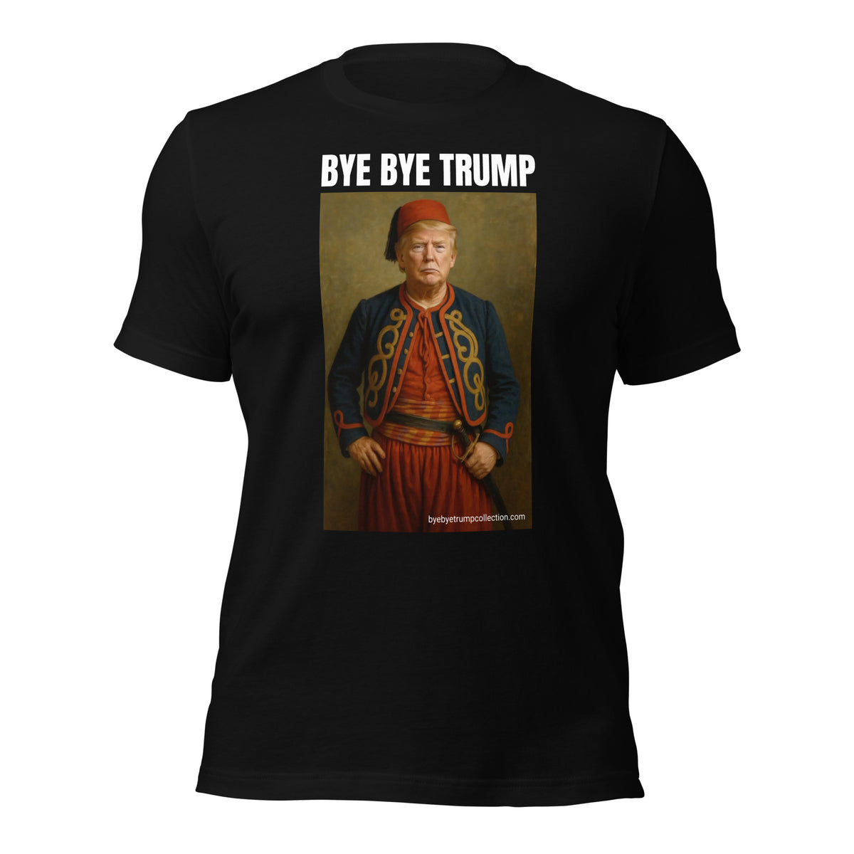 Zoual — T-shirt unisexe — vue de face, grand visuel et titre BYE BYE TRUMP