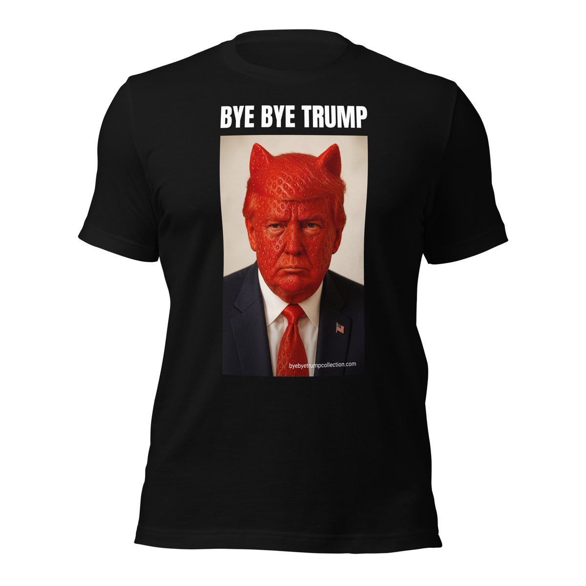Le diable rouge — T-shirt unisexe — vue de face avec grand visuel et titre BYE BYE TRUMP