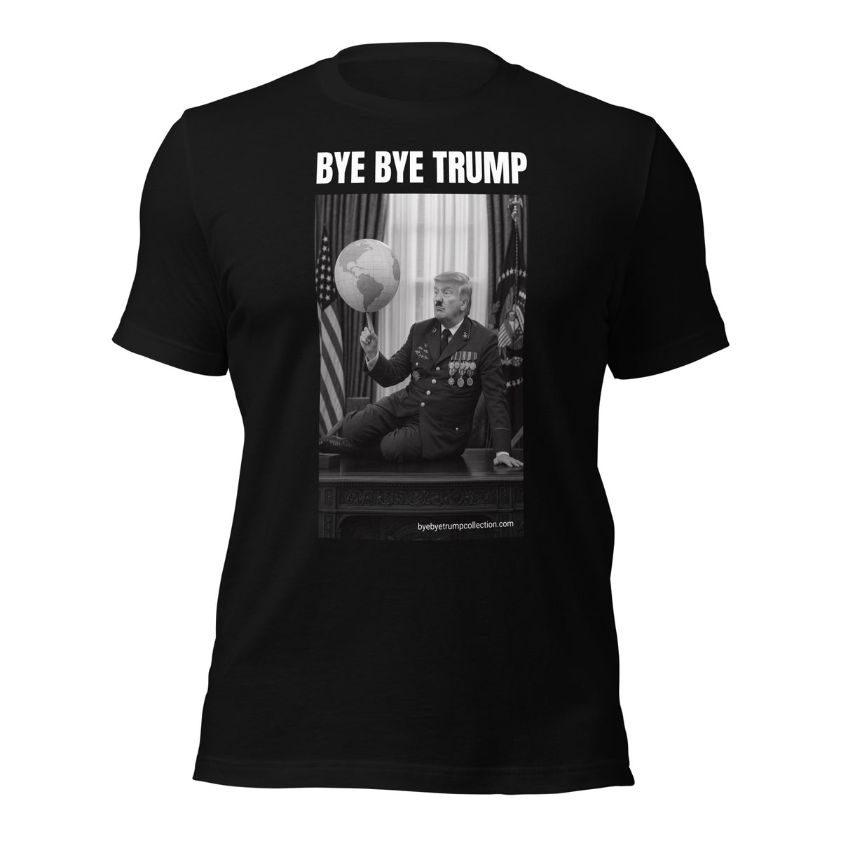 Chaplin — T-shirt unisexe — vue de face avec grand visuel et titre BYE BYE TRUMP